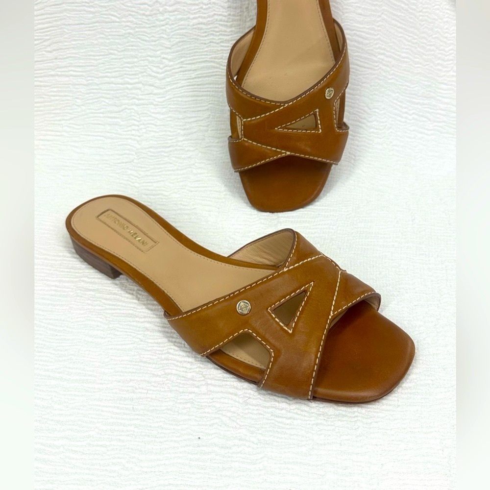 ANTONIO MELANI monogrammed Brown Leather Cross-Strap Sandals